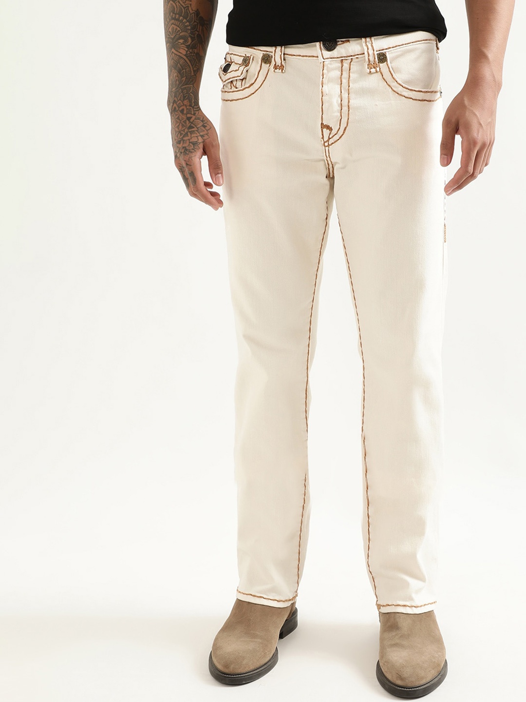 

True Religion Men Super T Ricky Straight Fit White Mid Rise, Beige