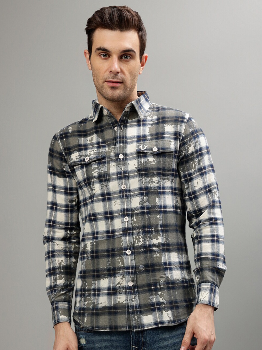 

True Religion Tartan Checked Pure Cotton Casual Shirt, Off white
