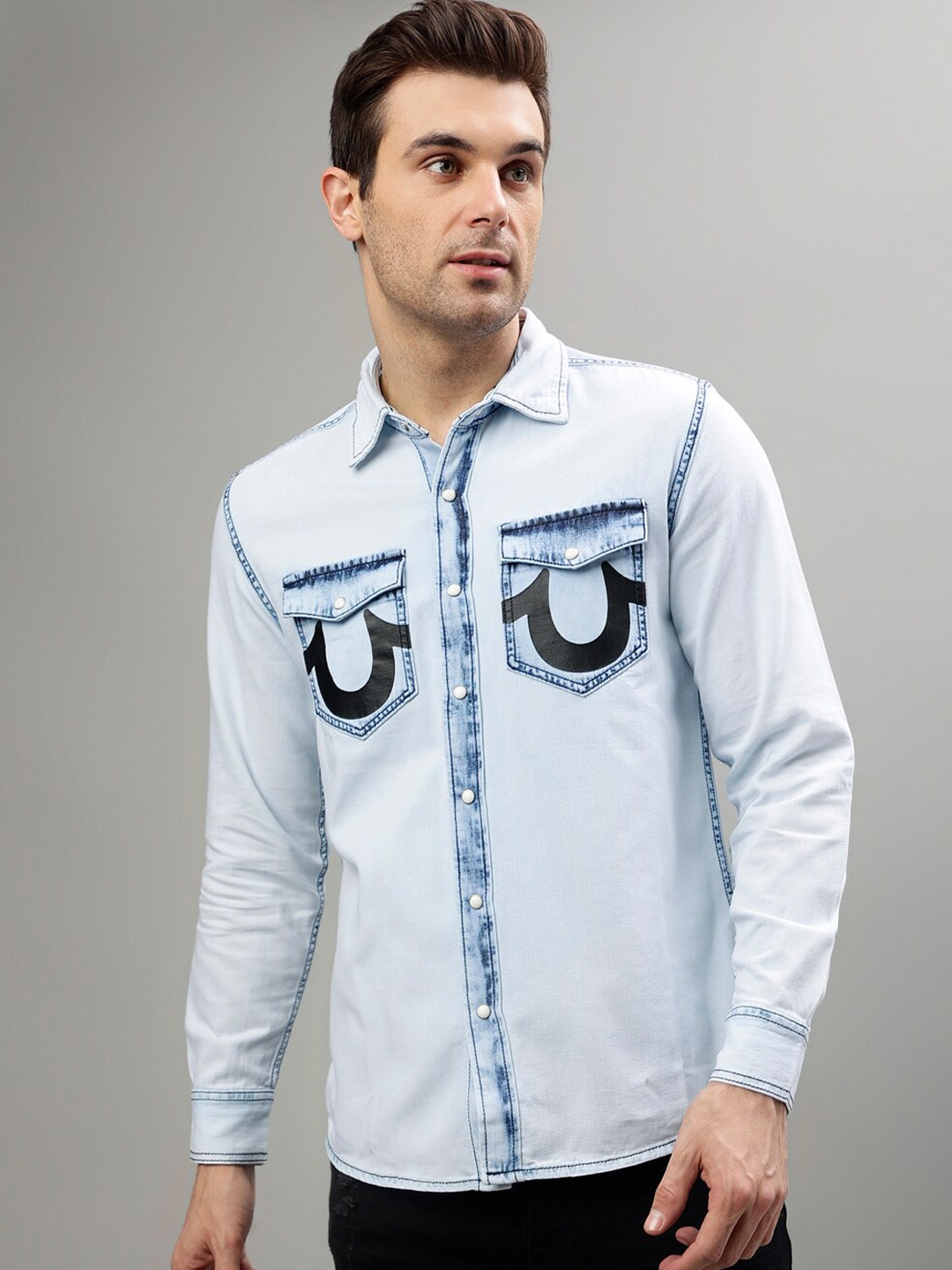 

True Religion Typography Printed Pure Cotton Casual Shirt, Blue