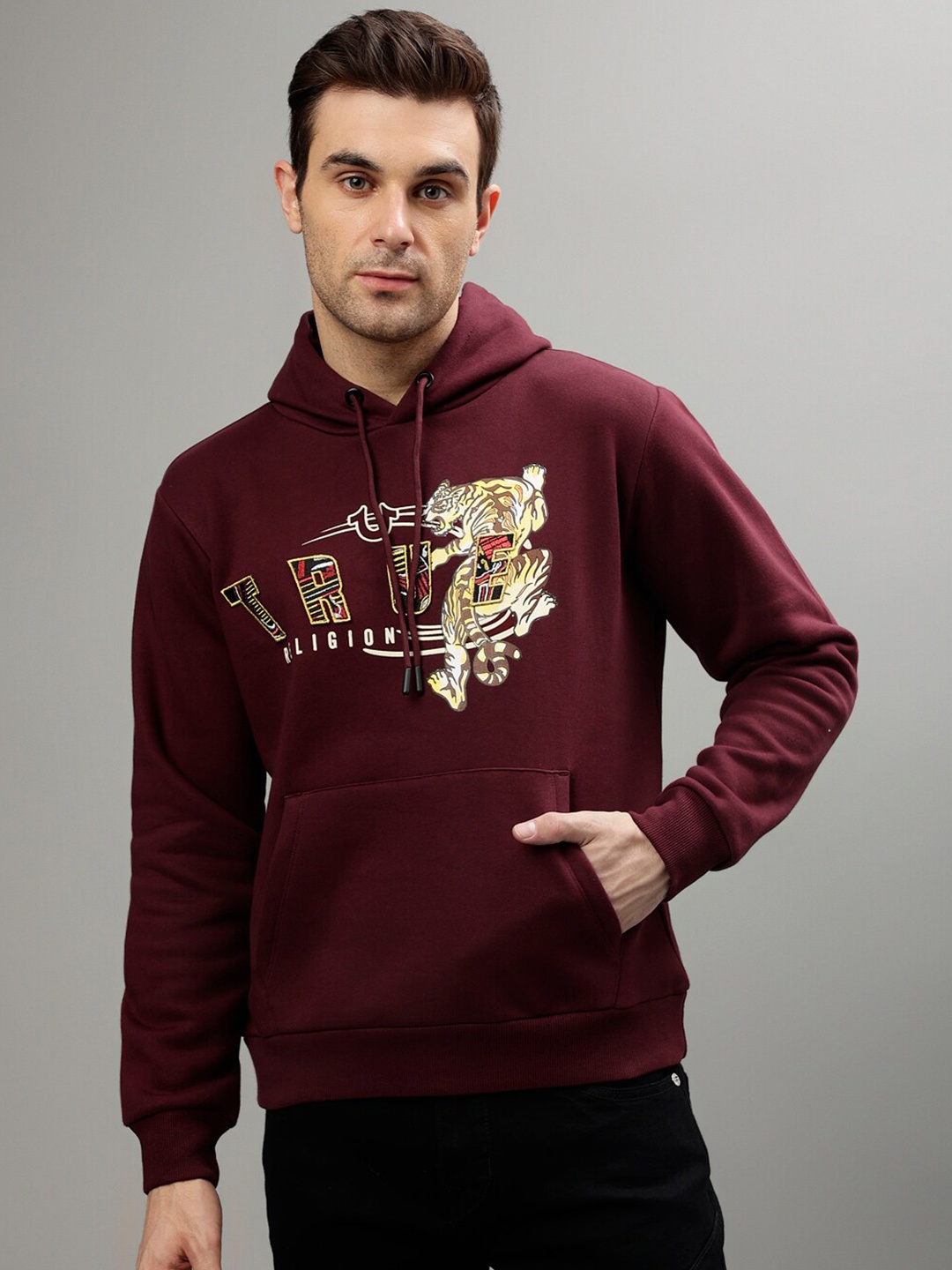 

True Religion Graphic Printed Hooded Pullover Sweatshirt, Burgundy