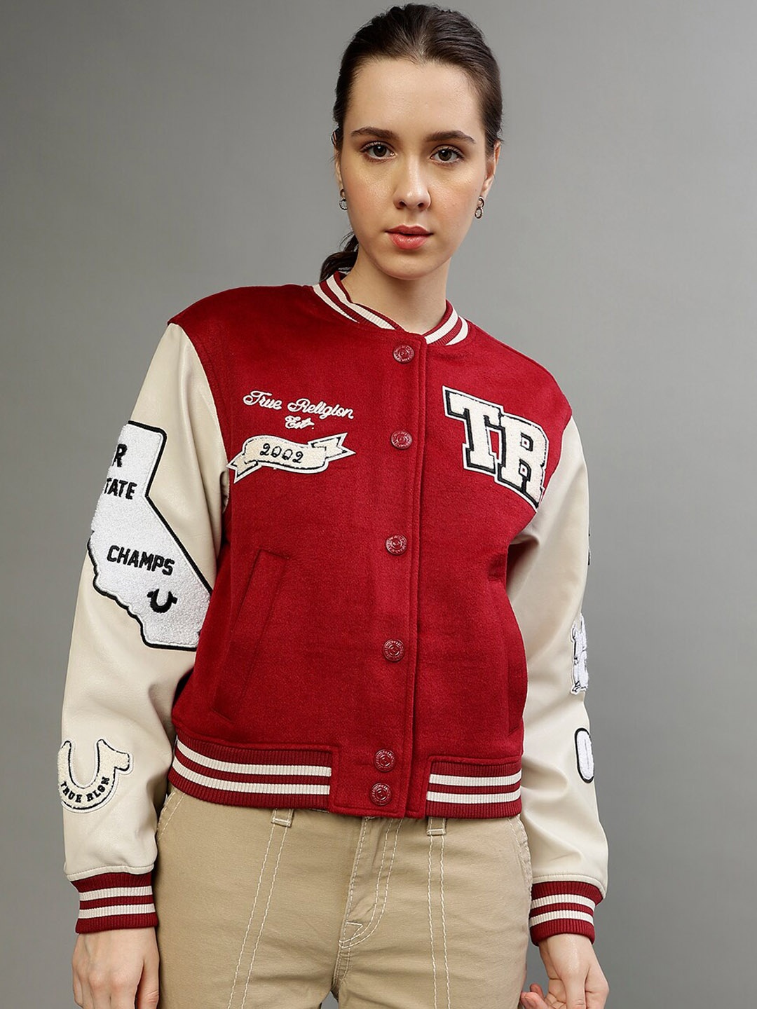 

True Religion Colourblocked Crop Varsity Jacket, Red