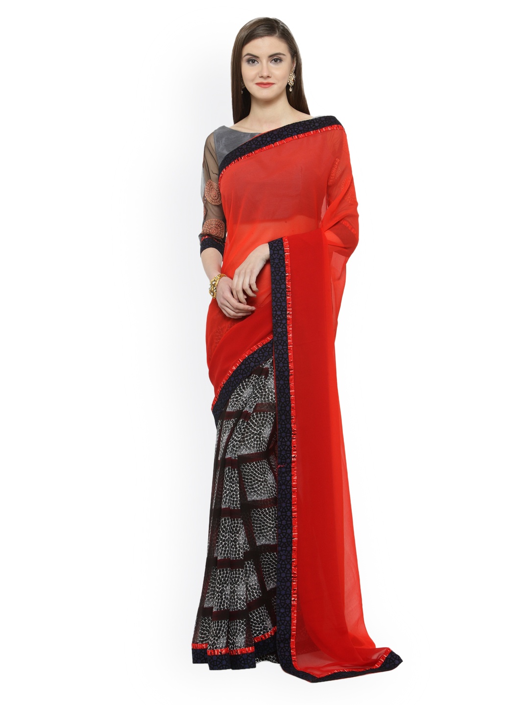

Shaily Red & Black Pure Georgette Printed Saree