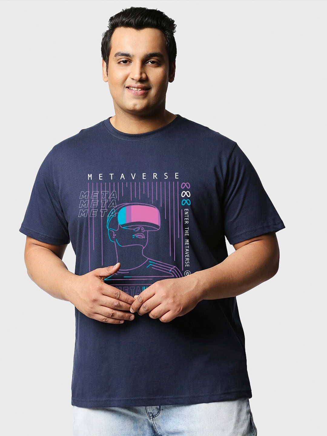 

Bewakoof Plus Plus Size Metaverse Printed Cotton Regular Fit T-shirt, Blue