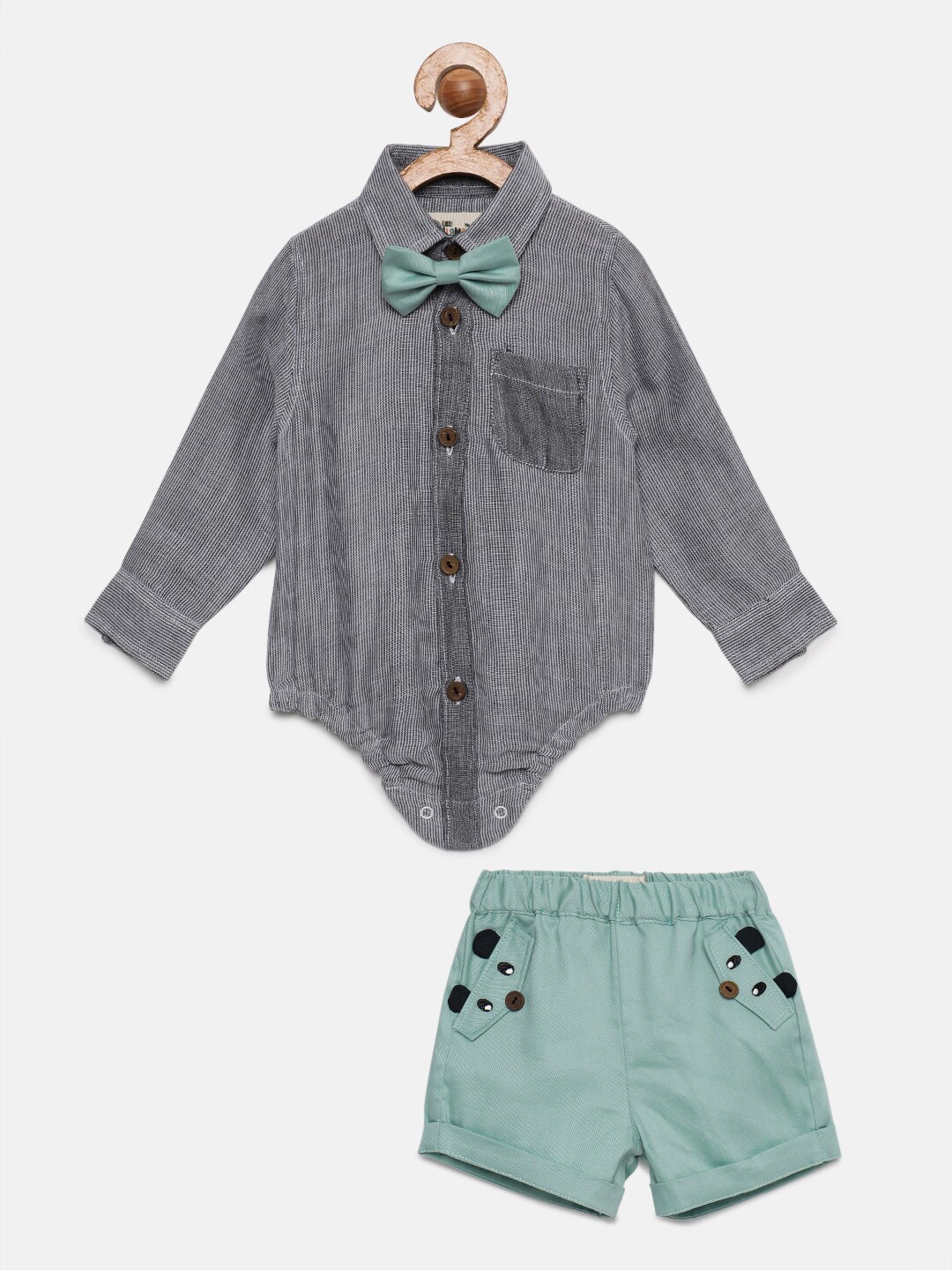 

Little Llama Boys Striped Pure Cotton Shirt with Shorts, Grey