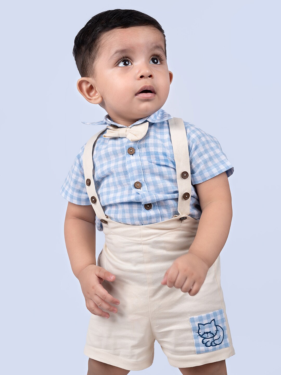 

Little Llama Boys Checked Pure Cotton Shirt with Shorts, Off white