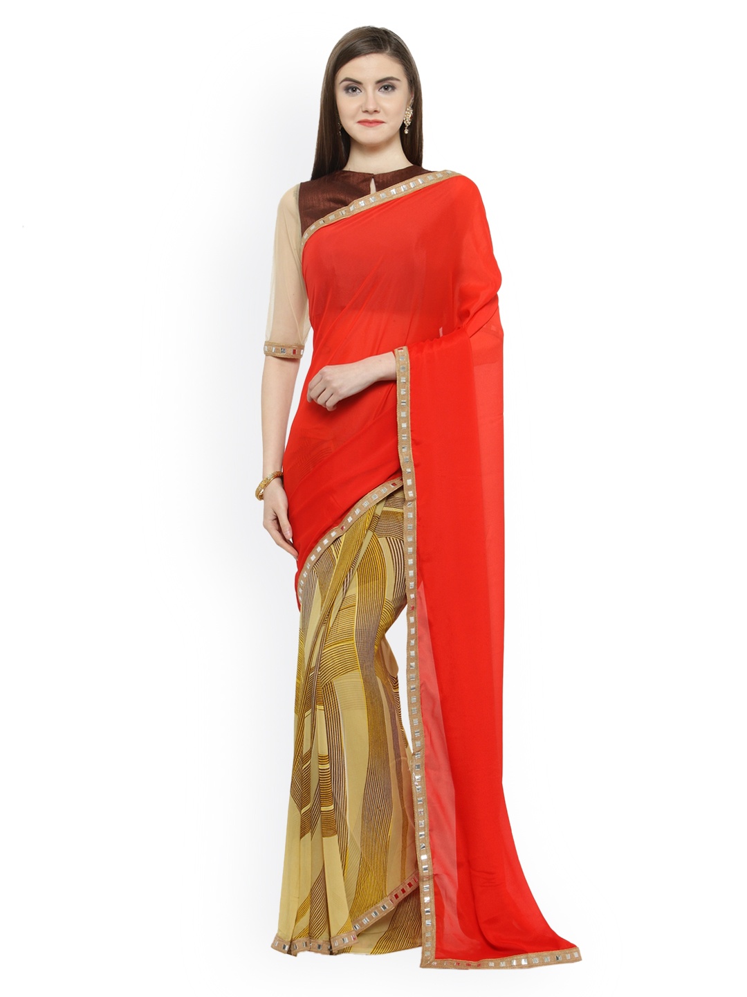 

Shaily Red & Beige Pure Georgette Printed Saree