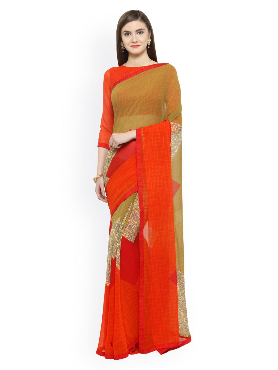 

Shaily Beige & Orange Pure Georgette Printed Saree
