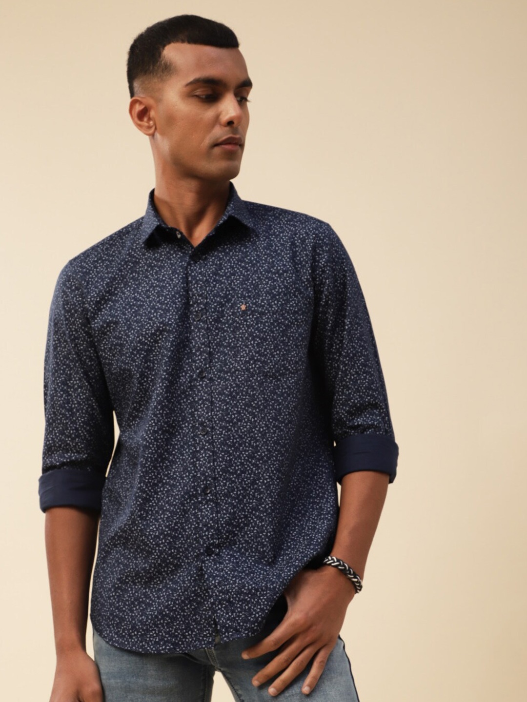 

Turtle Micro Ditsy Printed Relaxed Slim Fit Cotton Casual Shirt, Navy blue