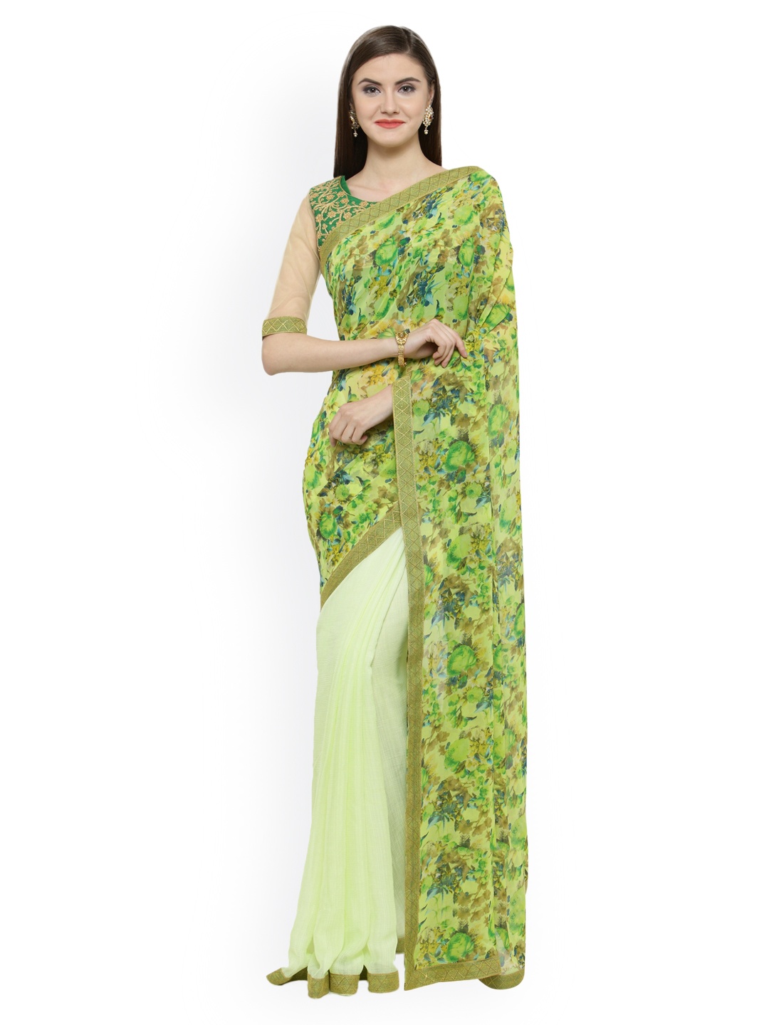 

Shaily Green & Cream-Coloured Pure Georgette Printed Saree