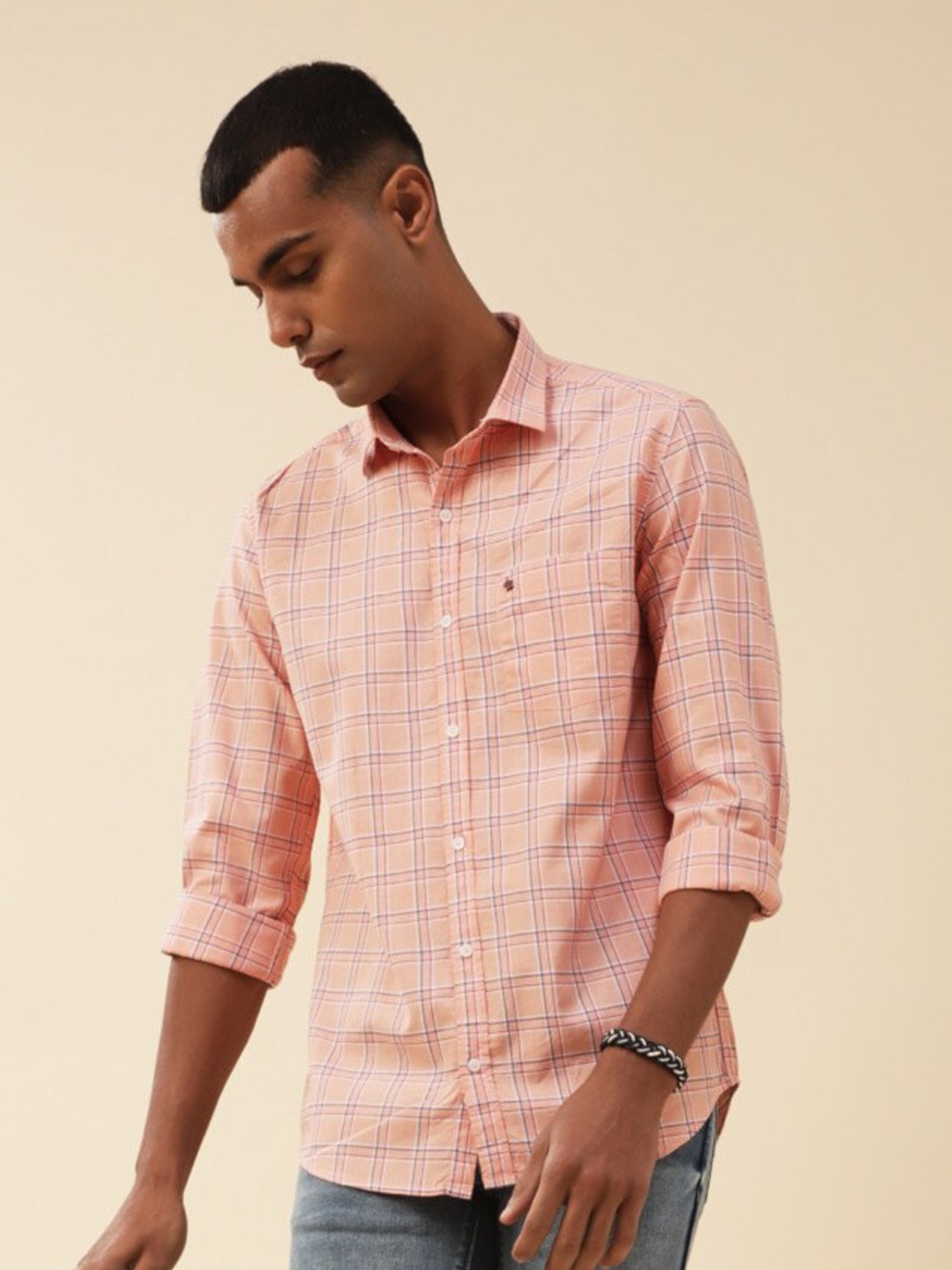 

Turtle Relaxed Slim Fit Grid Tattersall Checked Pure Cotton Casual Shirt, Peach