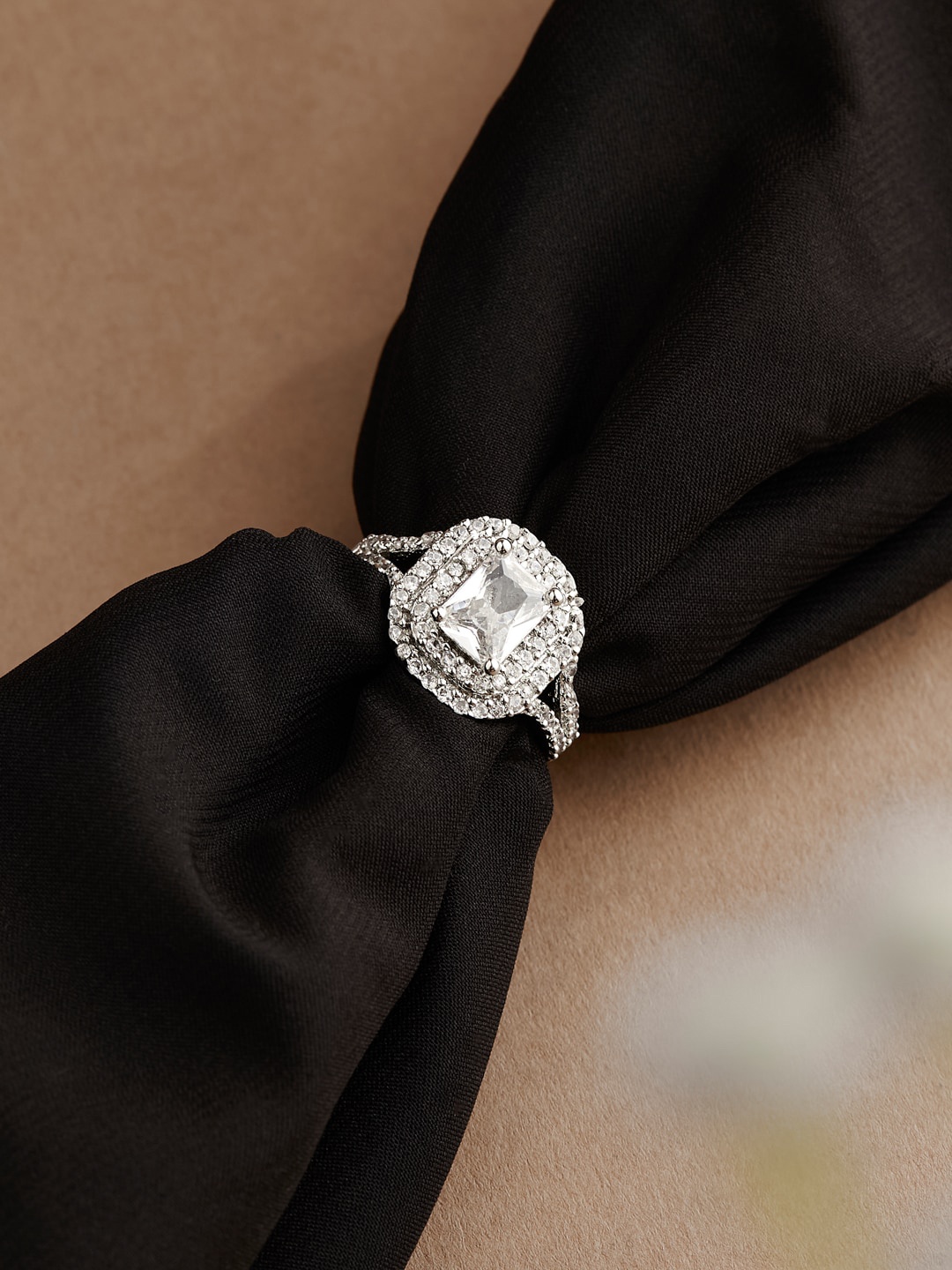 

ATIBELLE Silver-Plated CZ-Studded Adjustable Finger Ring