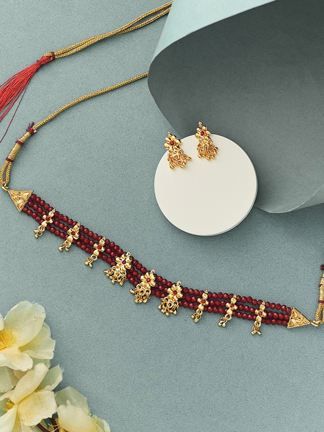

ATIBELLE Gold-Plated Stone-Studded Jewellery Set, Maroon