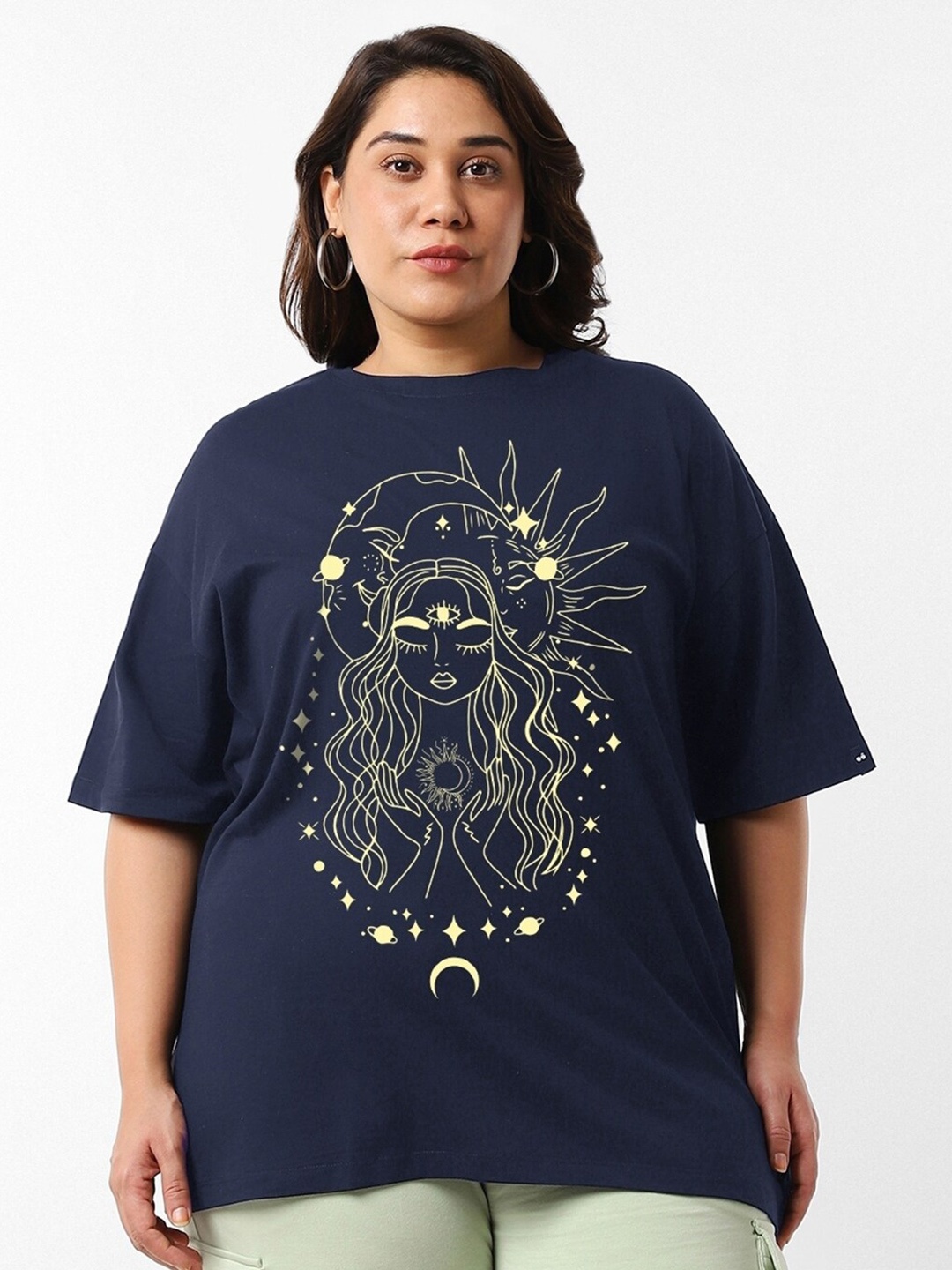 

Bewakoof Plus Graphic Printed Cotton Oversized T-shirt, Blue