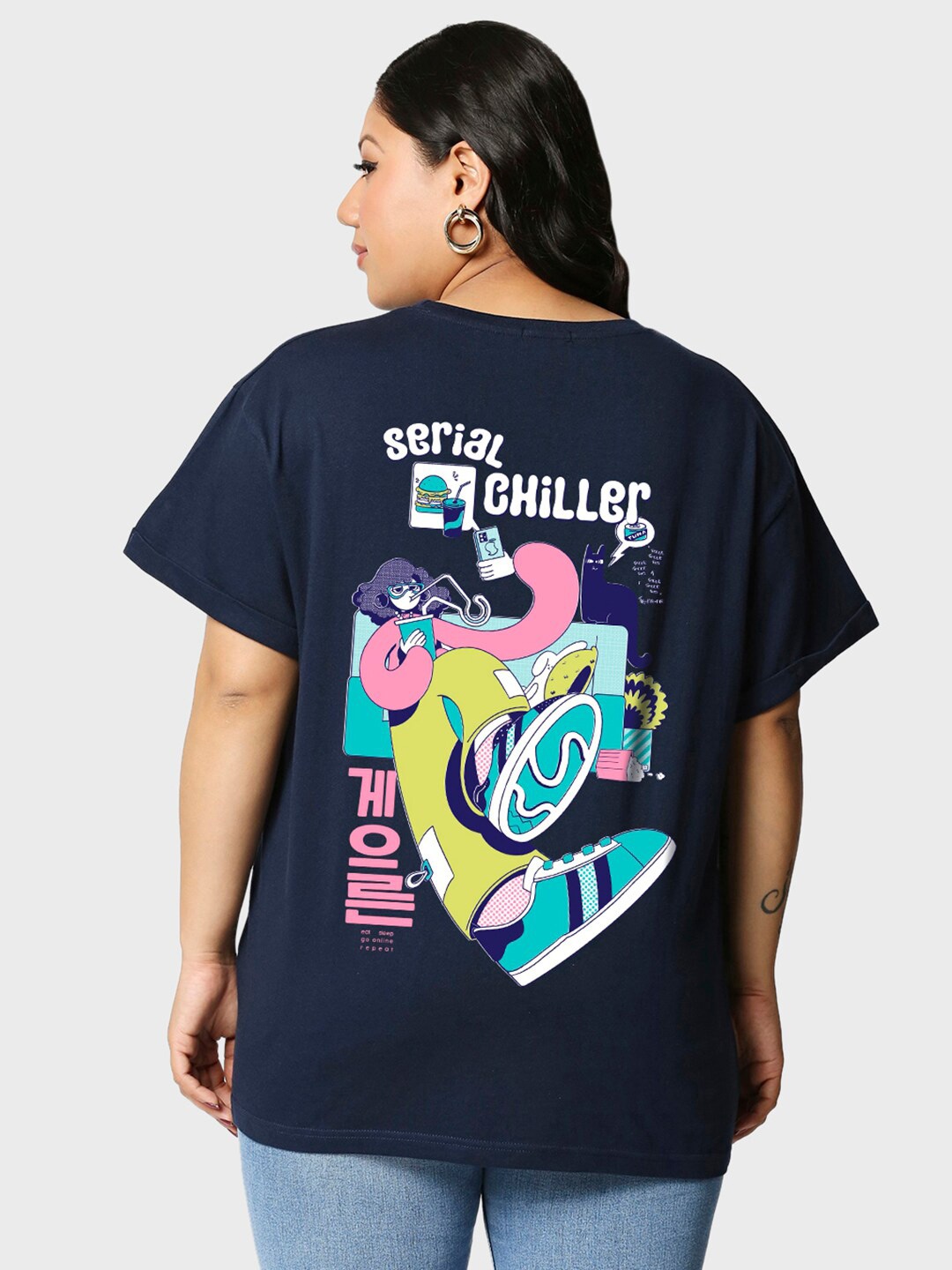 

Bewakoof Plus Plus Size Serial Chiller Printed Cotton Relaxed Fit T-shirt, Navy blue