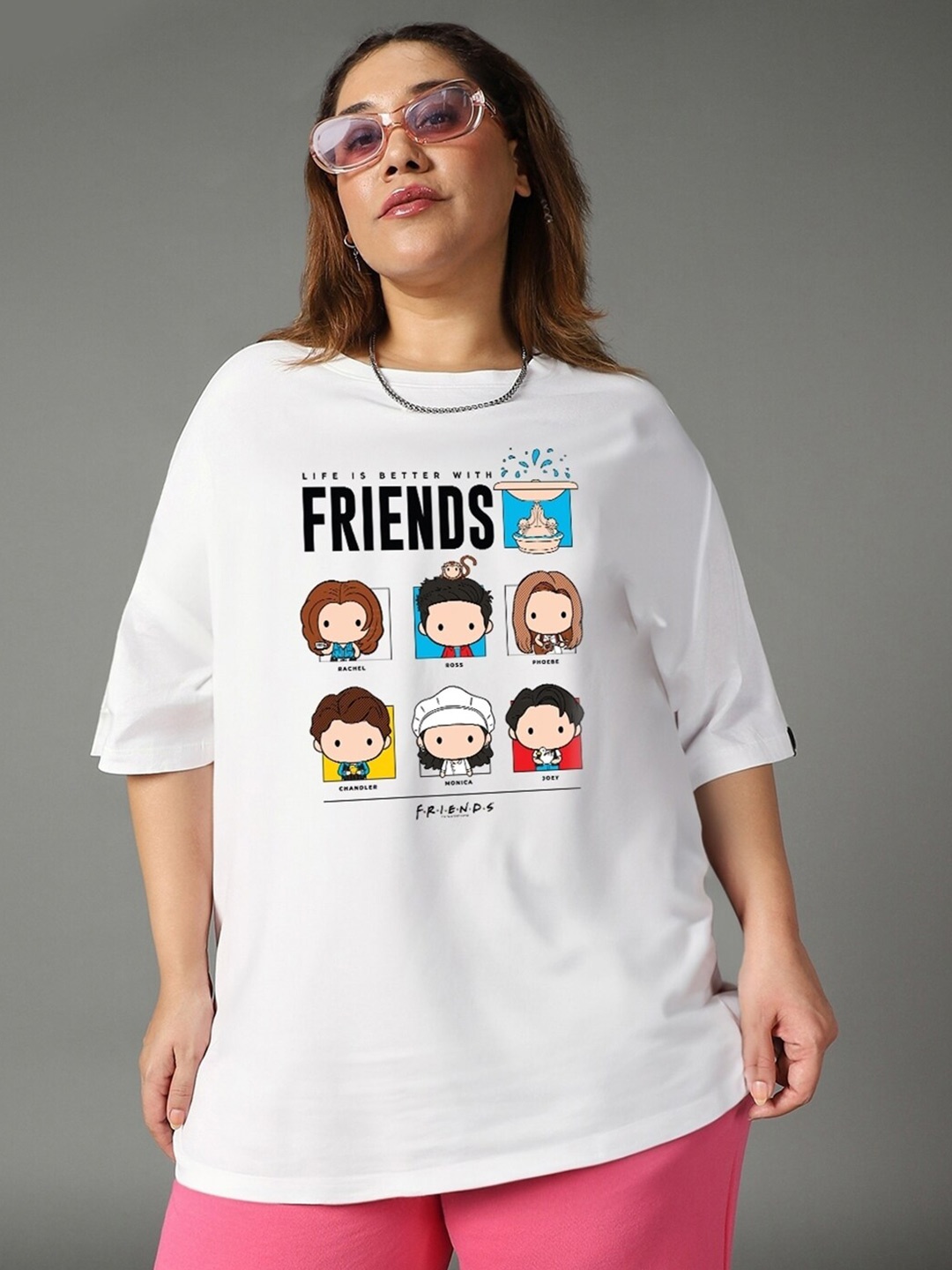 

Bewakoof Official Friends Printed Drop-Shoulder Sleeves Cotton Plus Size Oversized T-shirt, White
