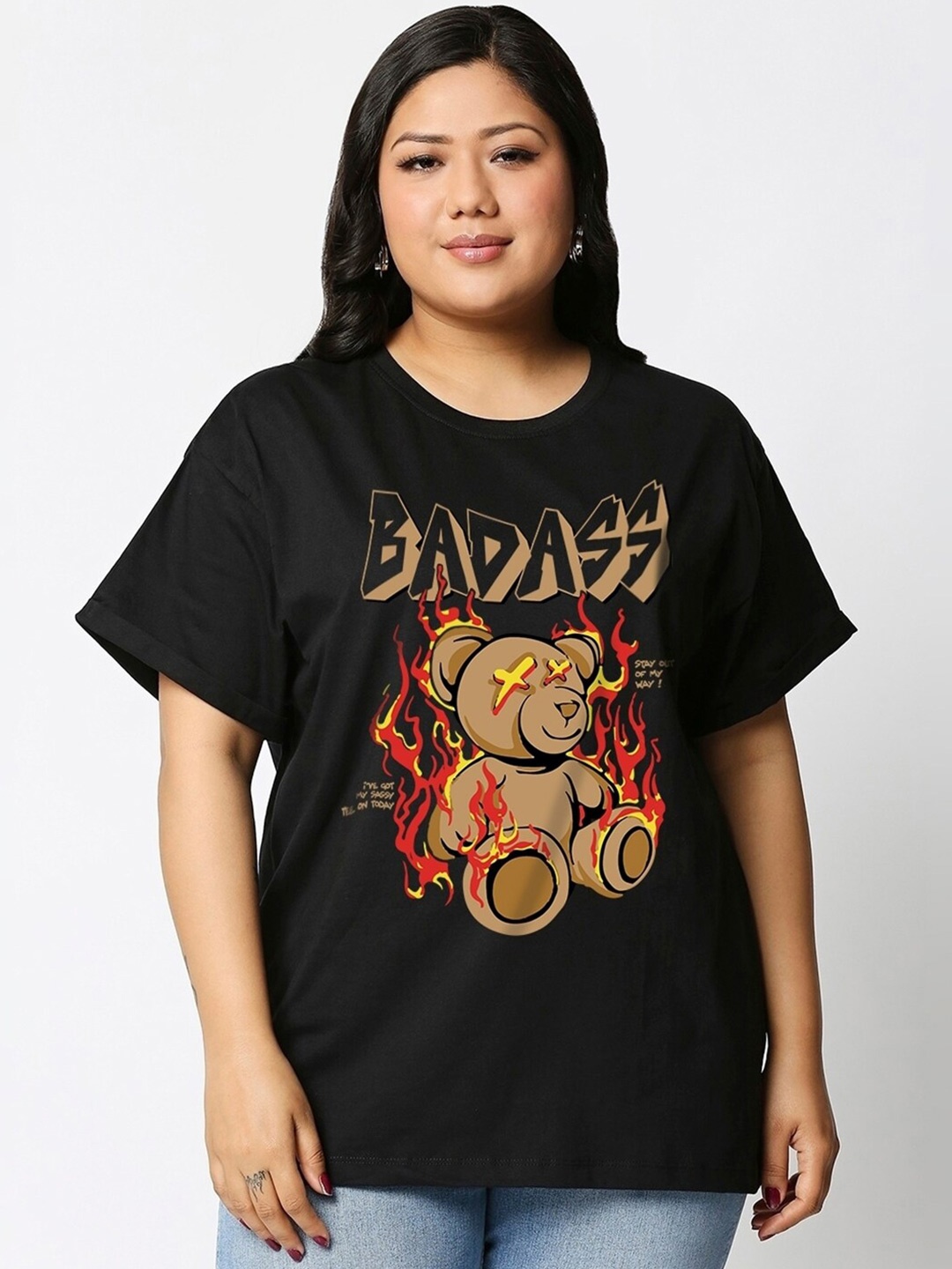 

Bewakoof Plus My Badass Tee Graphic Printed Relaxed Fit Cotton T-shirt, Black