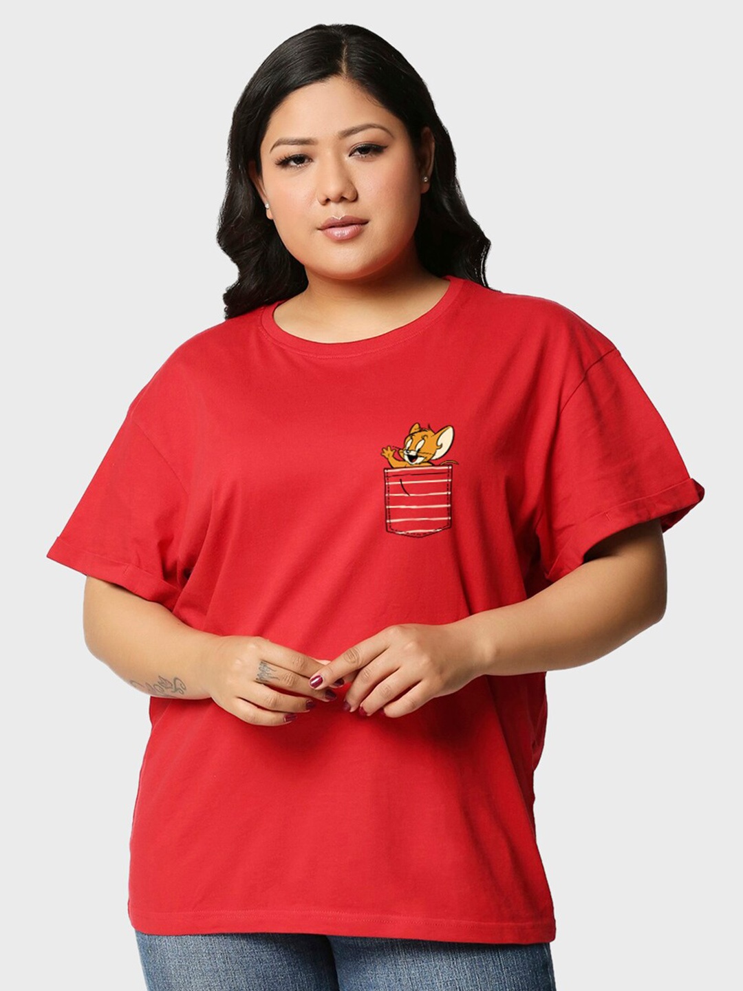 

Bewakoof Plus Tom & Jerry Printed Cotton T-Shirt, Red