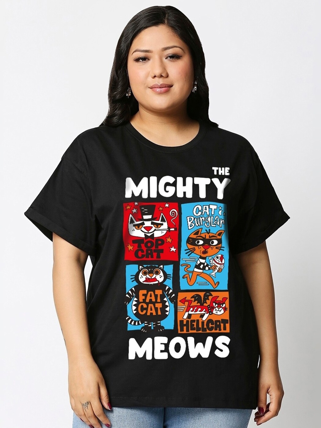 

Bewakoof Plus Mighty Meows Graphic Printed Cotton T-shirt, Black