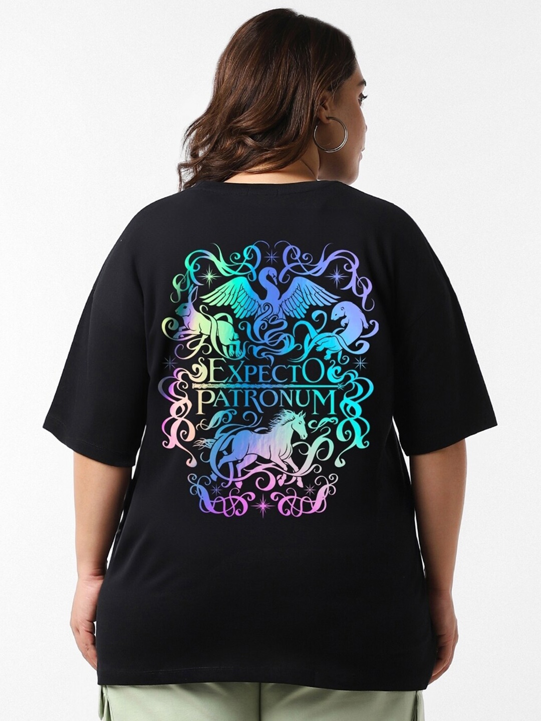 

Bewakoof Plus Harry Potter Printed Oversized Cotton T-shirt, Black