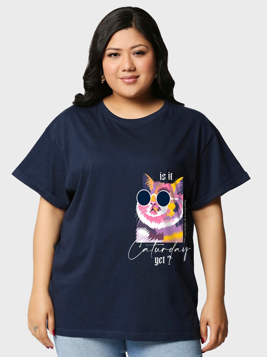 

Bewakoof Plus Graphic Printed Cotton Drop-Shoulder Sleeves Relaxed Fit T-shirt, Navy blue