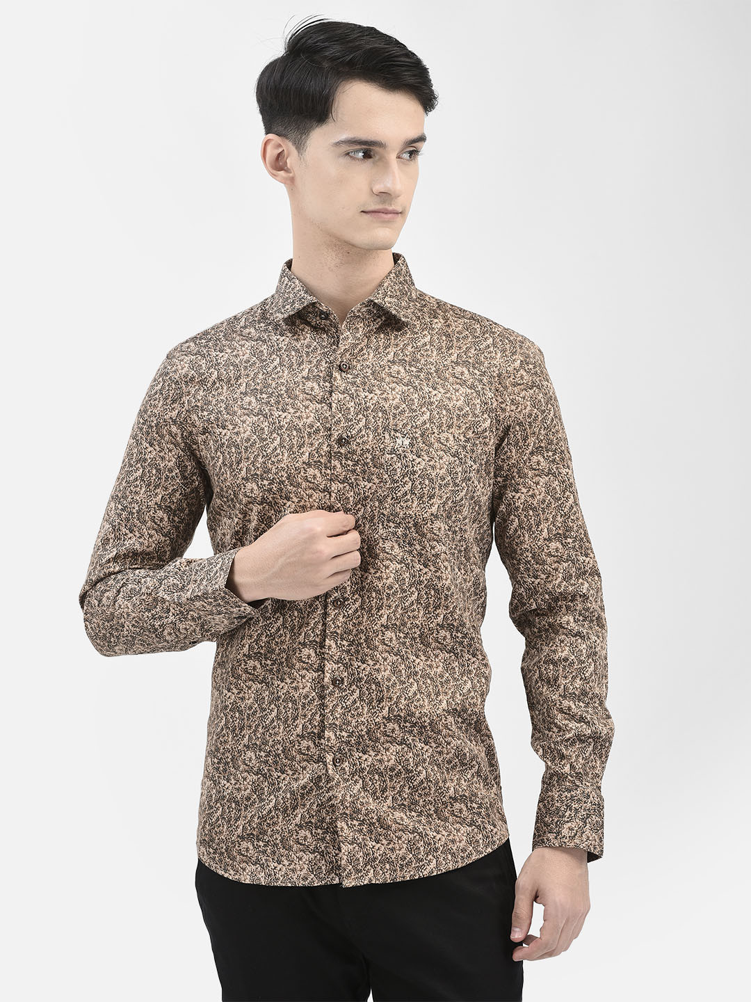 

Crimsoune Club Slim Fit Floral Printed Pure Cotton Casual Shirt, Beige