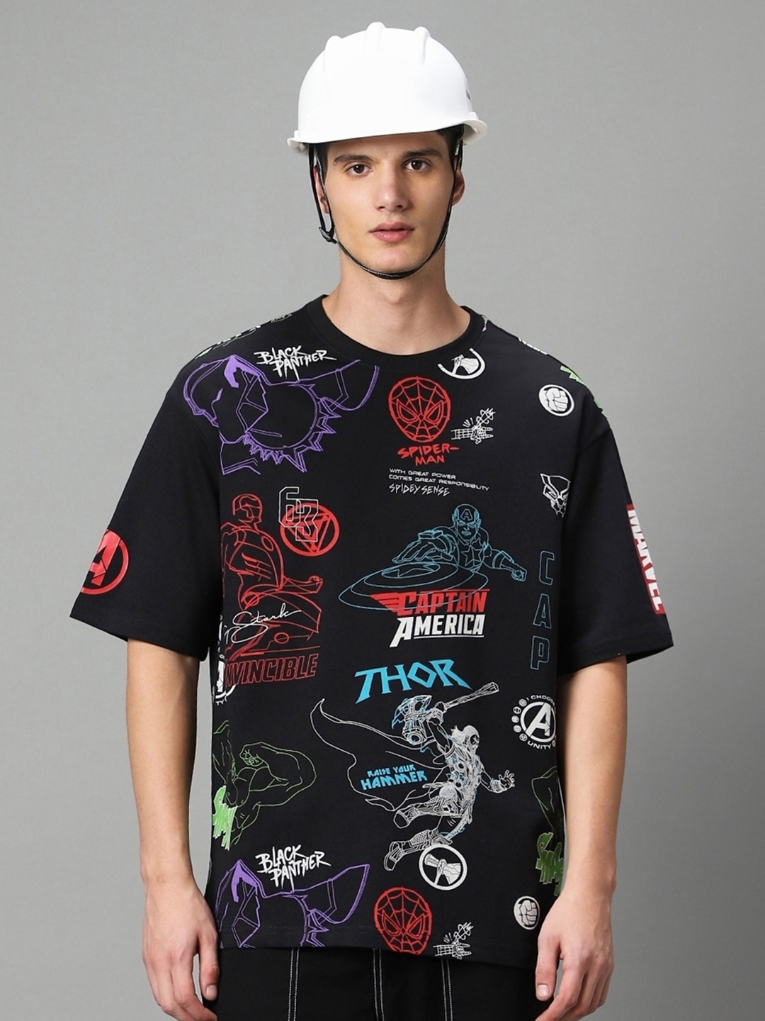 

Bewakoof Heavy Duty 1.0 Men Black Marvel All Over Printed Super Loose Fit T-shirt