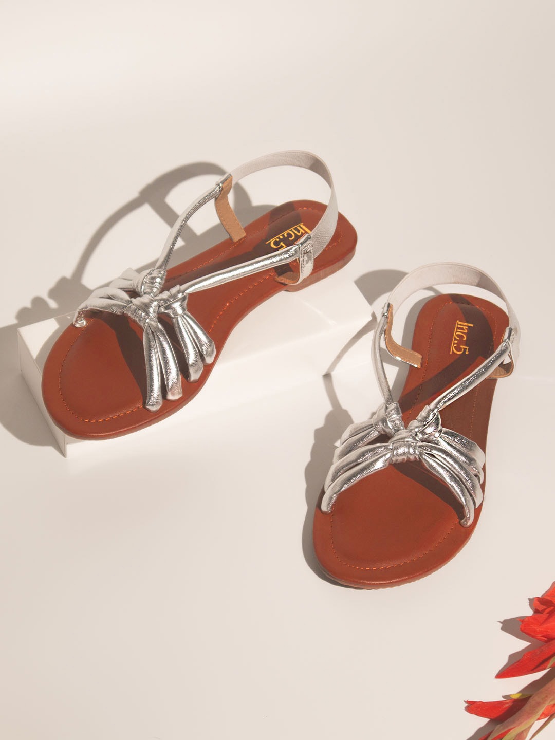 

Inc 5 Knot Detail Open Toe Flats, Silver