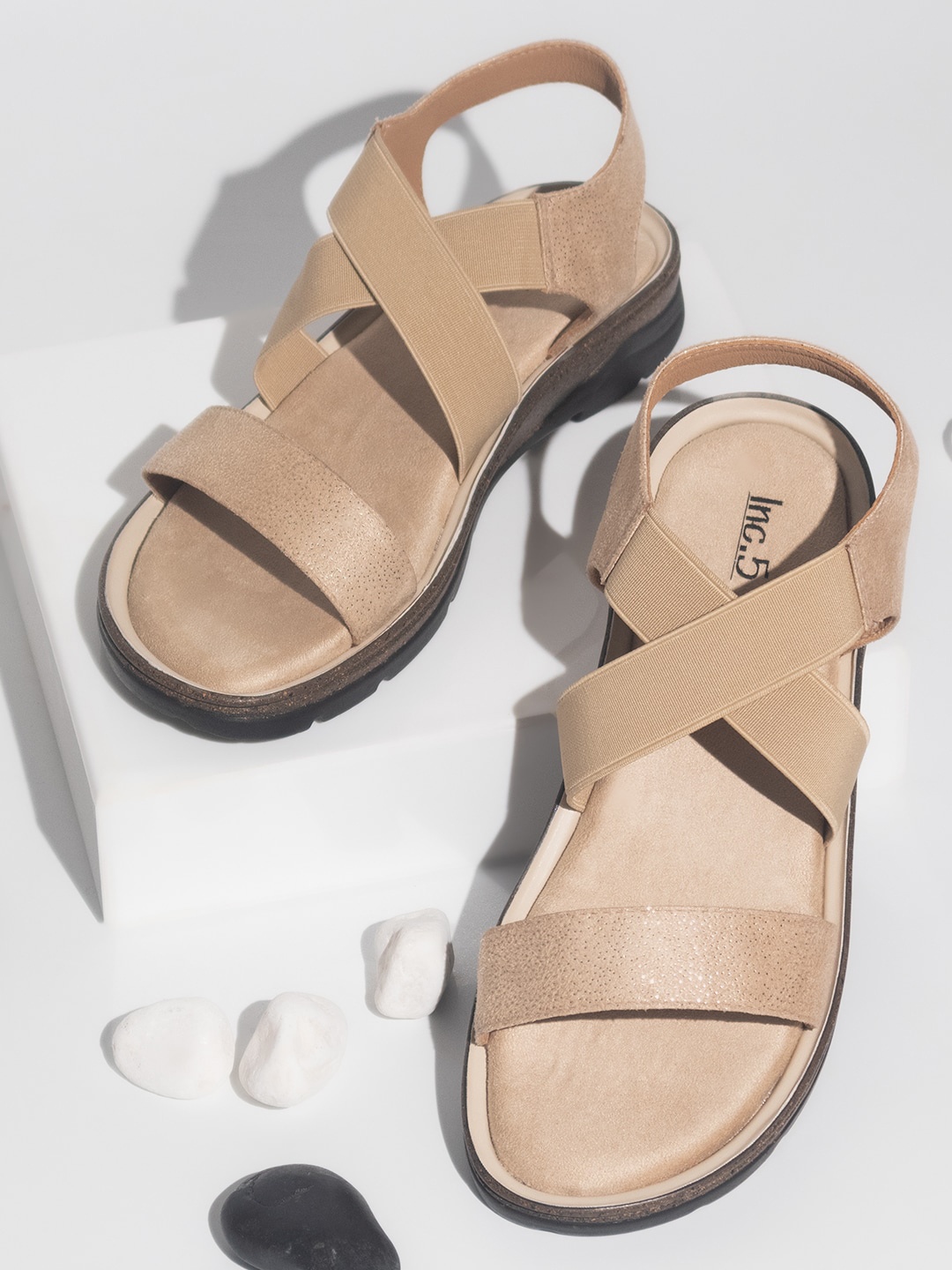 

Inc 5 Textured Cross Strap Open Toe Flats, Beige