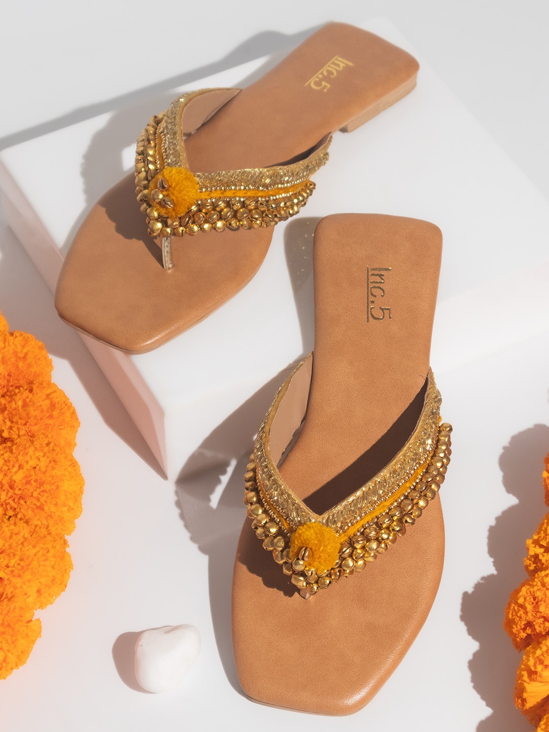 

Inc 5 Embellished Ethnic Open Toe Flats, Gold