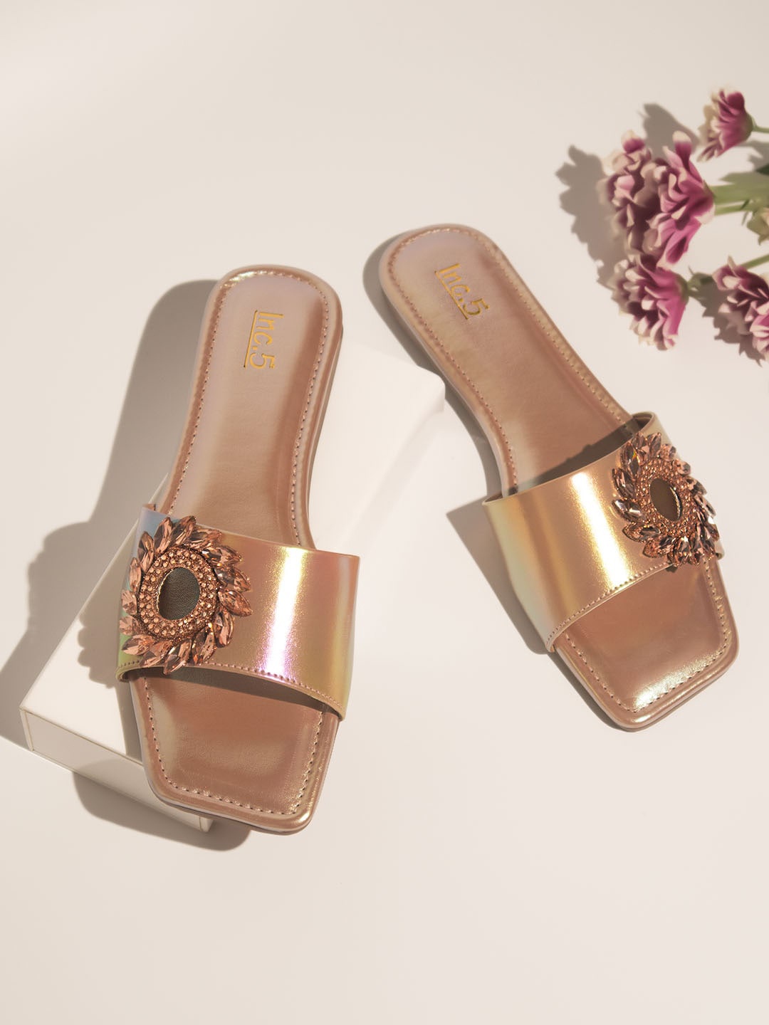 

Inc 5 Embellished Open Toe Flats, Rose gold