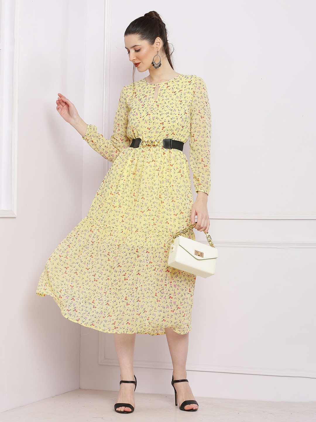 

SQew Floral Printed Puff Sleeves Fit & Flare Midi Dress, Yellow