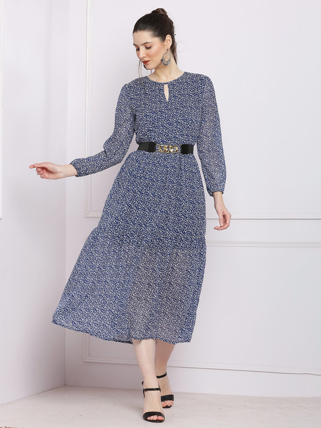 

SQew Floral Printed Puff Sleeves Fit & Flare Midi Dress, Blue