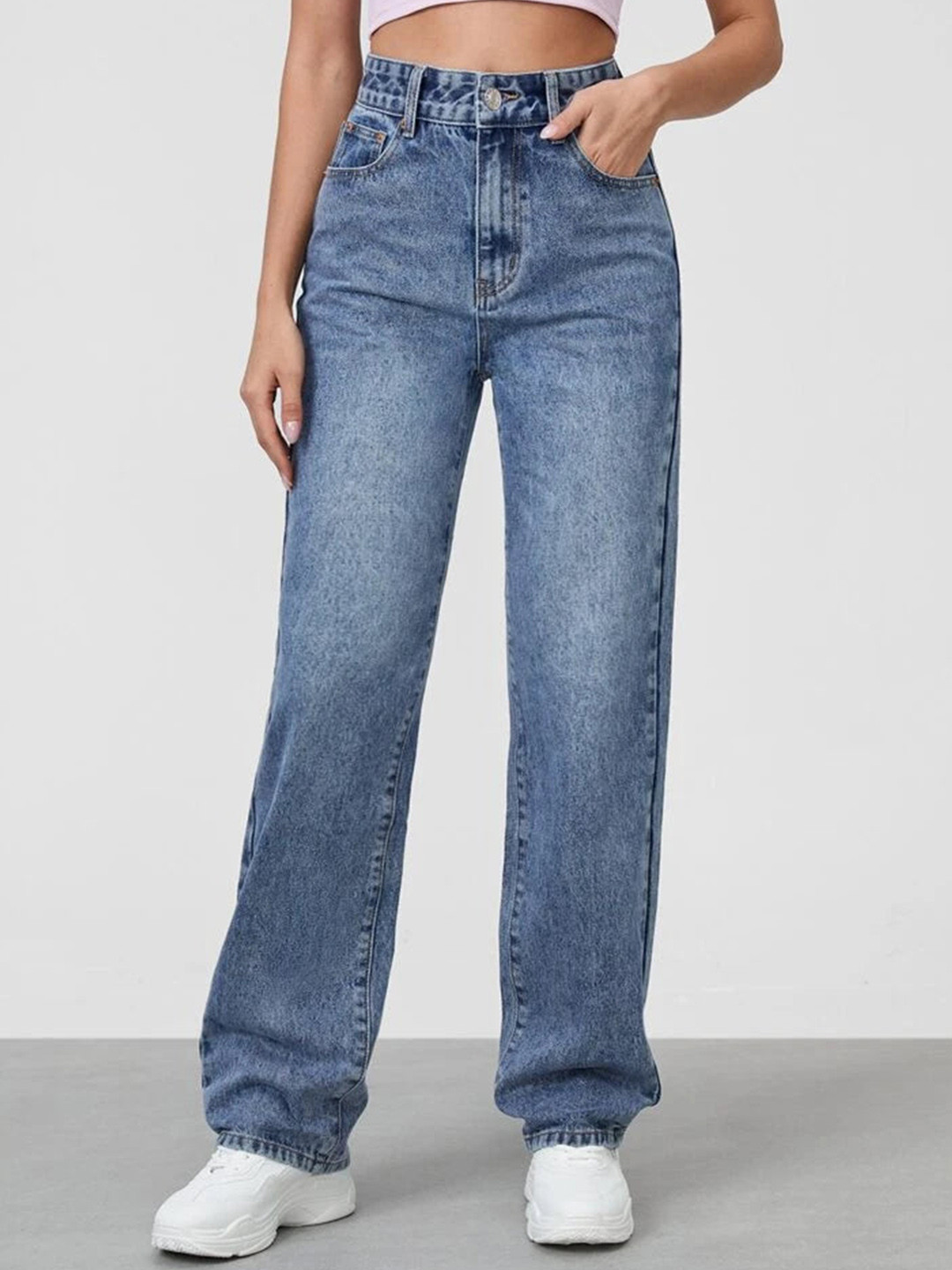 

Off Duty India Women Comfort Straight Fit Cotton High-Rise Heavy Fade Jeans, Blue