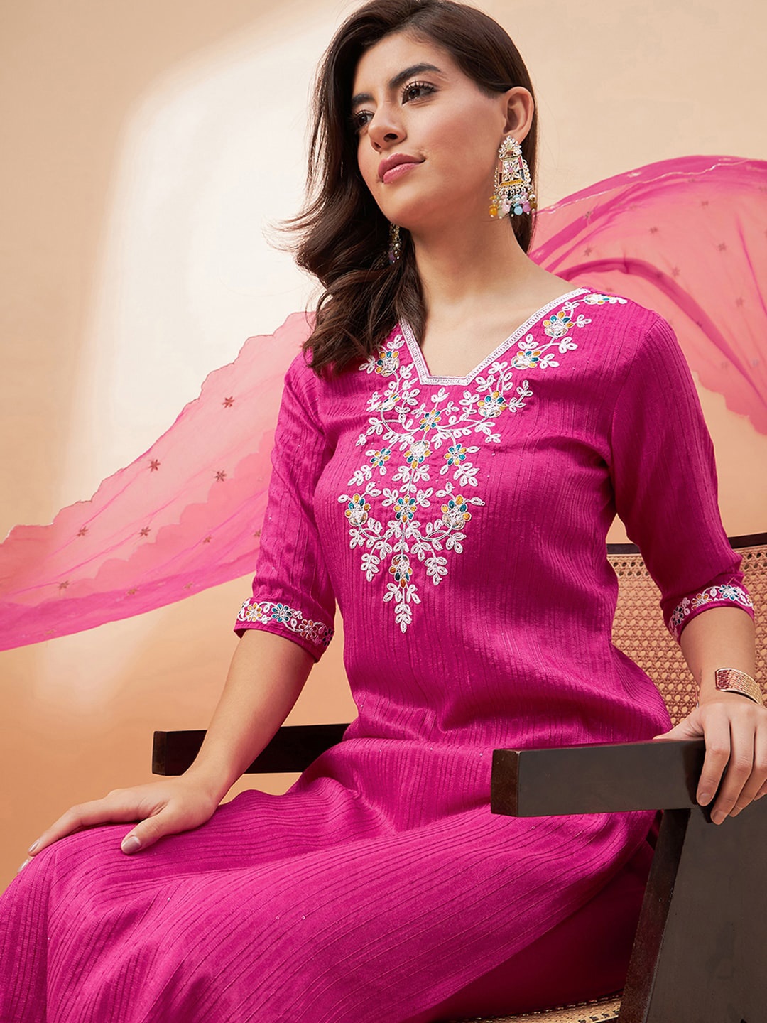 

all about you Pink Floral Embroidered Regular Sequinned Kurta With Trousers & Dupatta