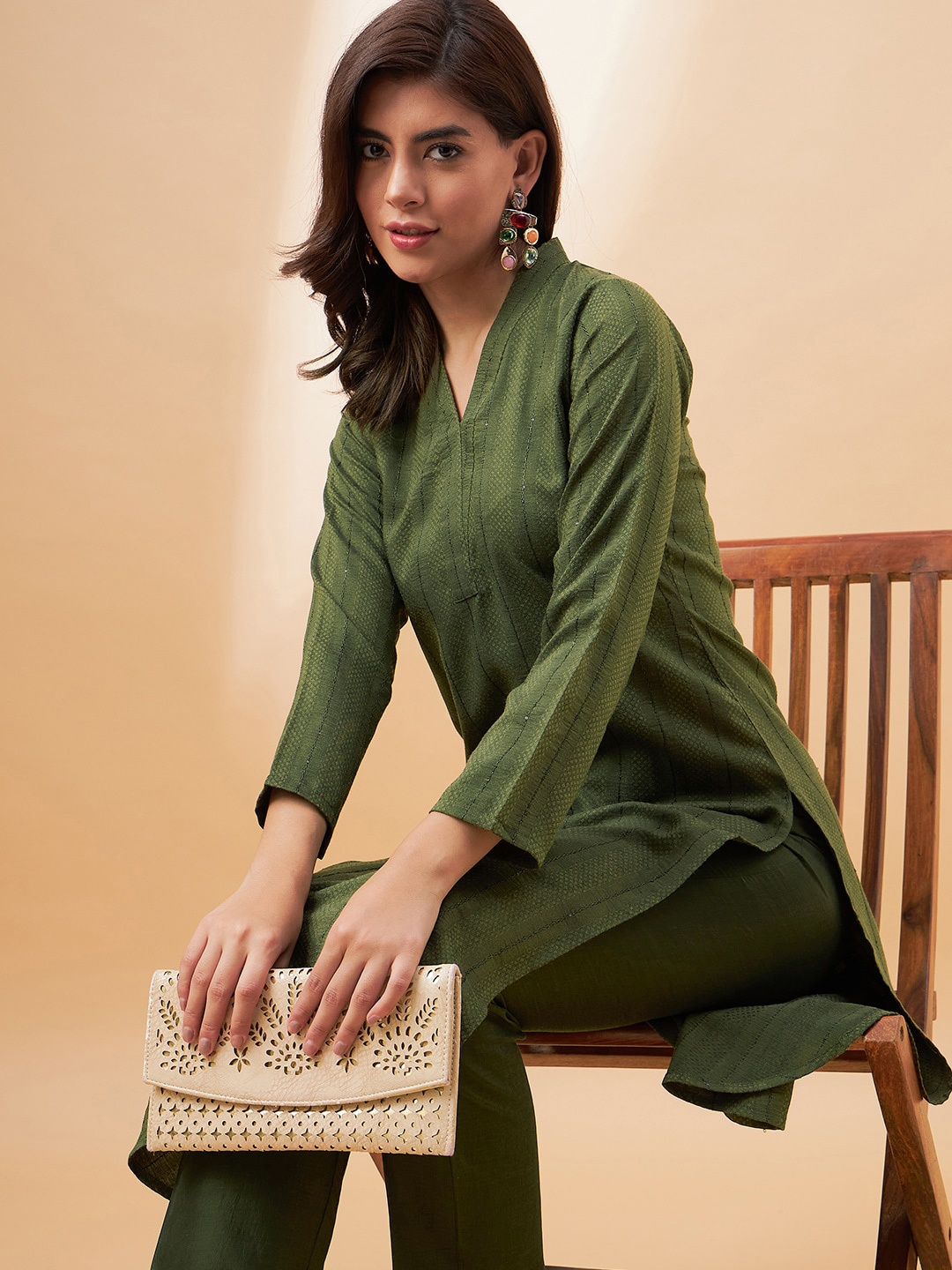 

all about you Olive Green Striped V-Neck Regular Kurta With Trousers