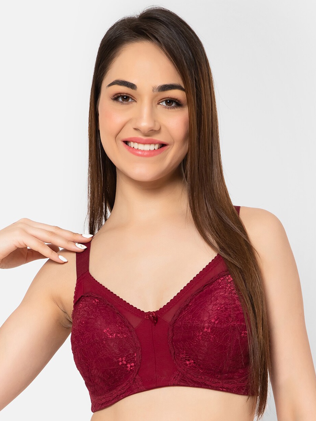 

Clovia Non-Padded Non-Wired Full Cup Minimizer Lace Bra, Maroon