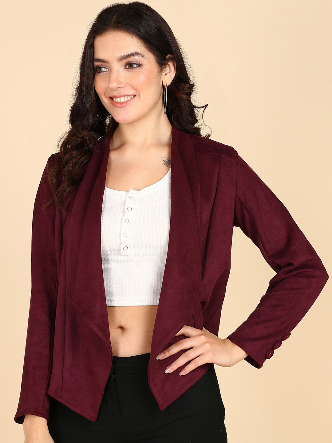 

Mast & Harbour Shawl Collar Suede Open Front Jacket, Maroon