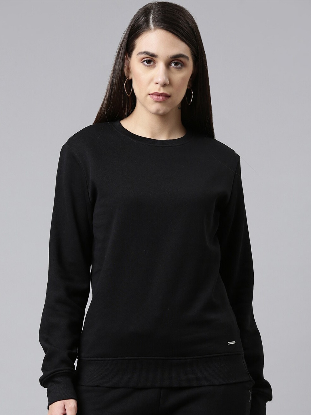 

TWIN BIRDS Round Neck Cotton Sweatshirt, Black
