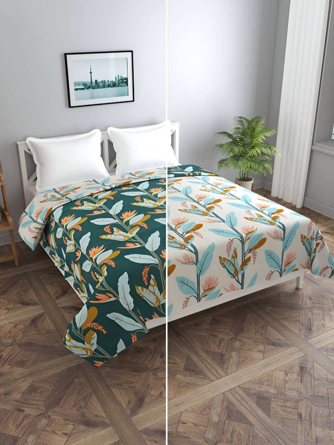 

BREVARD Green & Off White Printed Double Queen Duvet Cover