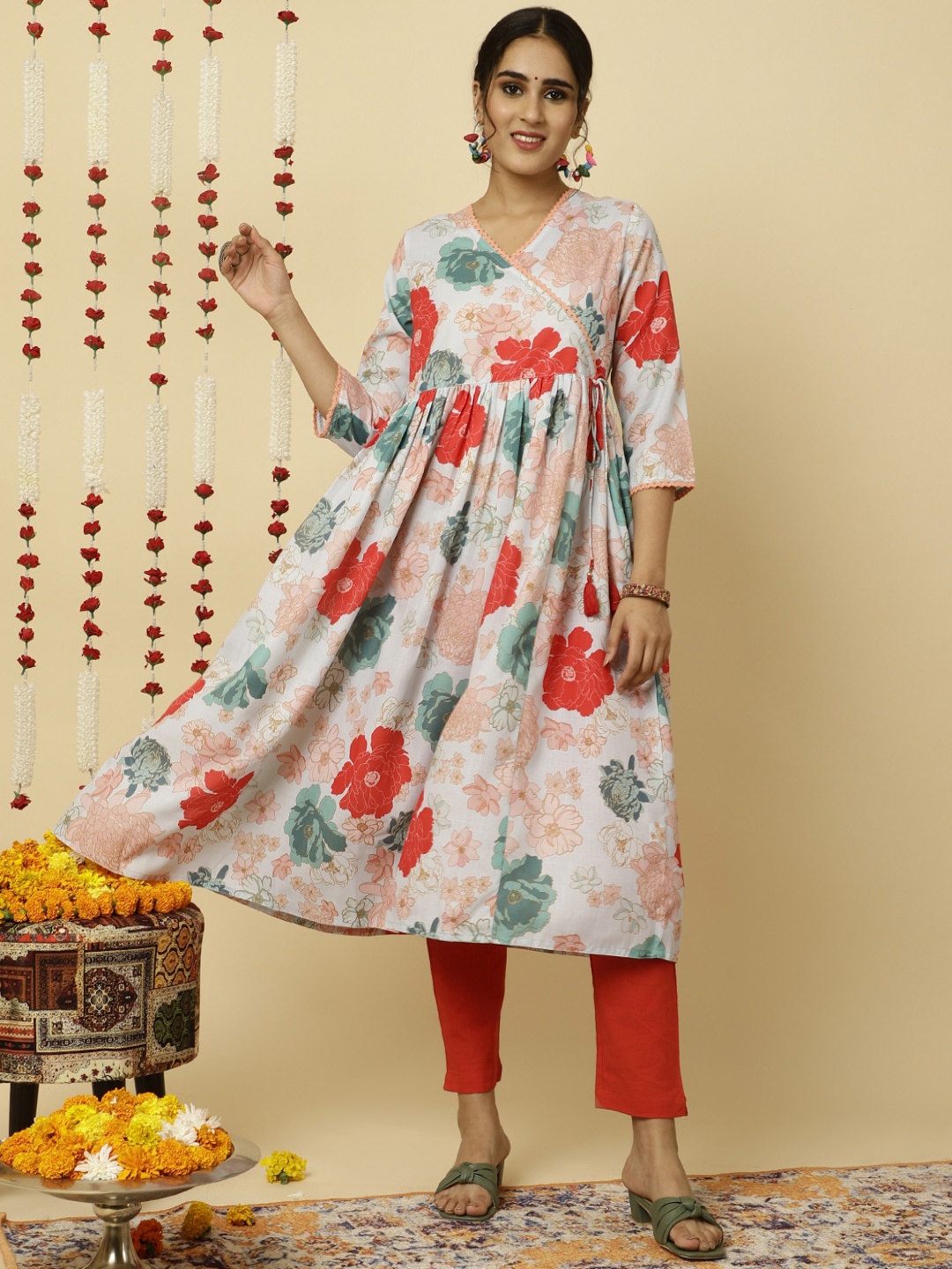 

Jaipur Kurti Floral Printed Gathered Angrakha Kurta, Blue
