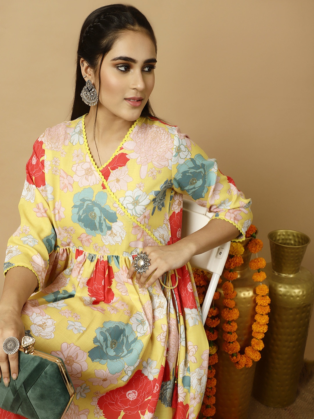 

Jaipur Kurti Floral Printed V-Neck Angrakha Anarkali Kurta, Yellow