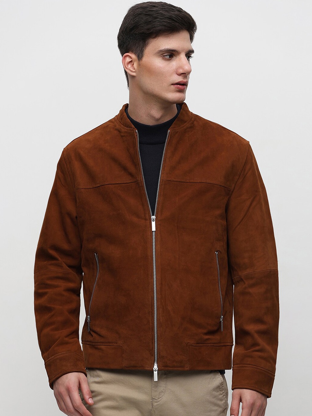 

SELECTED Mock Collar Pure Suede Bomber Jacket, Brown