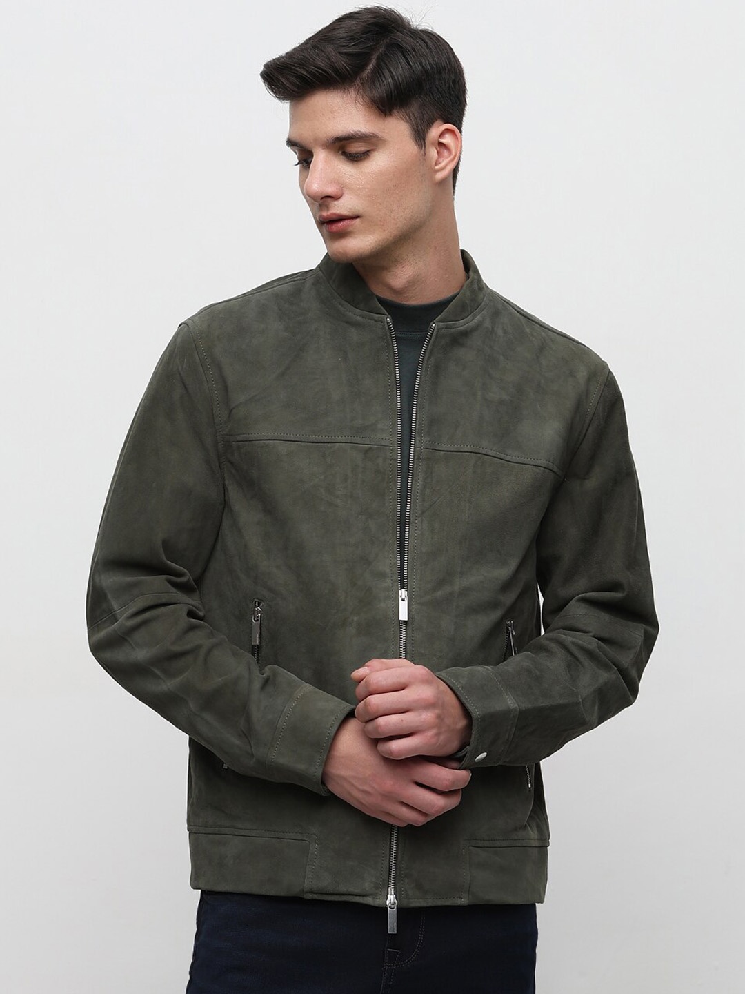 

SELECTED Mock Collar Pure Suede Bomber Jacket, Olive