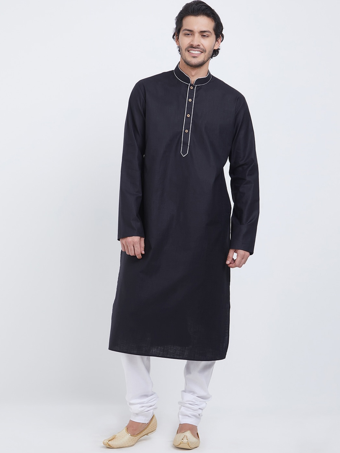 

Indian Poshakh Mandarin Collar Straight Kurta With Pyjamas, Black