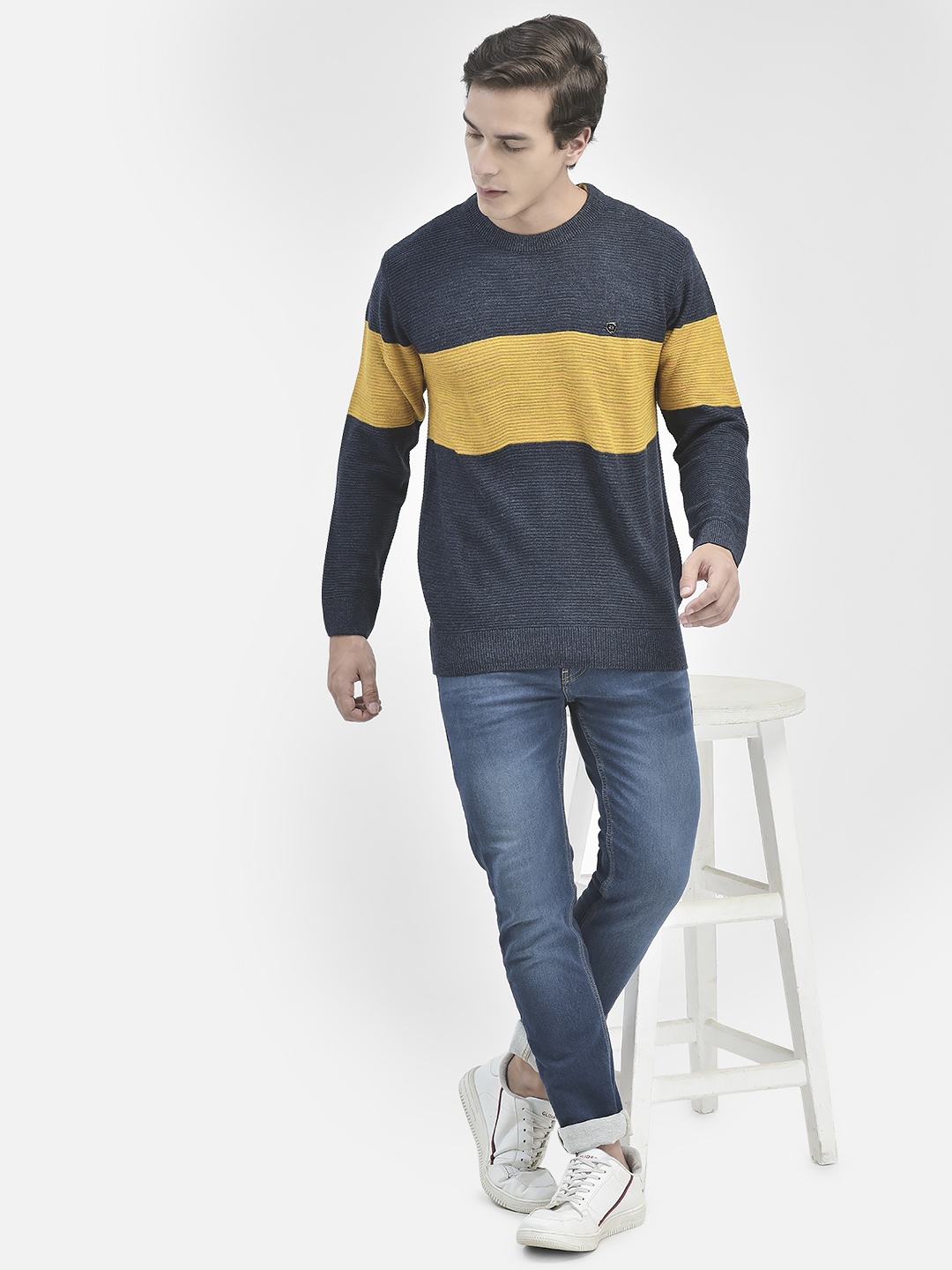 

Crimsoune Club Round Neck Colourblocked Acrylic Pullover, Mustard