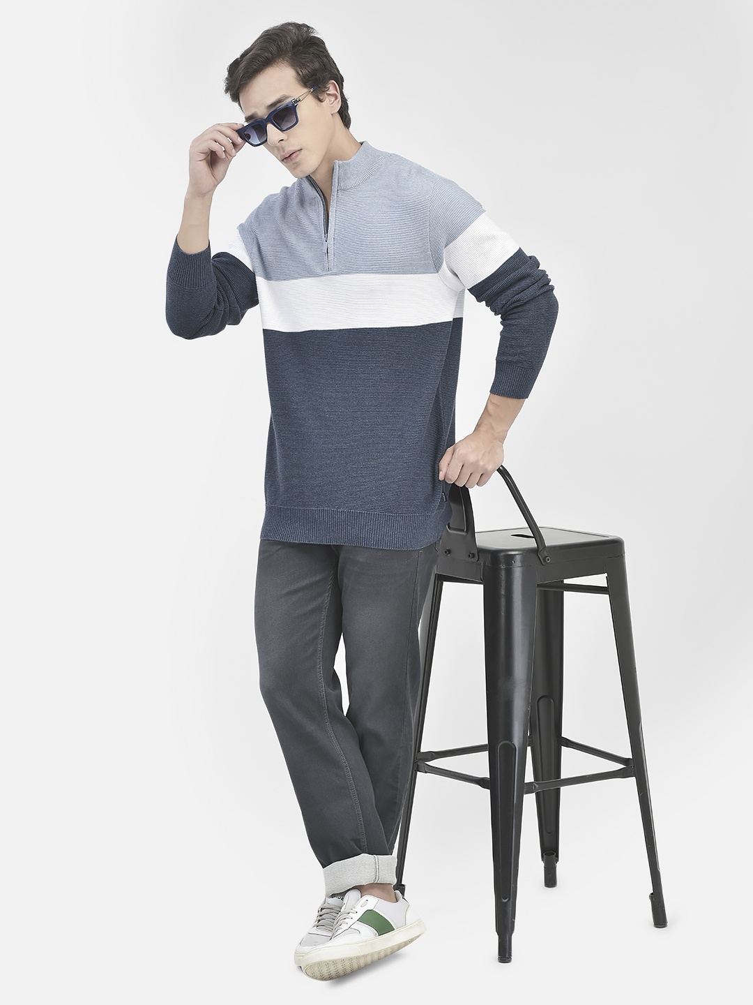 

Crimsoune Club Colourblocked Pure Cotton Front-Open Sweater, Navy blue