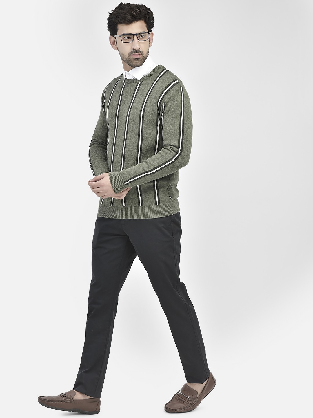 

Crimsoune Club Striped Round Neck Pure Cotton Pullover, Olive