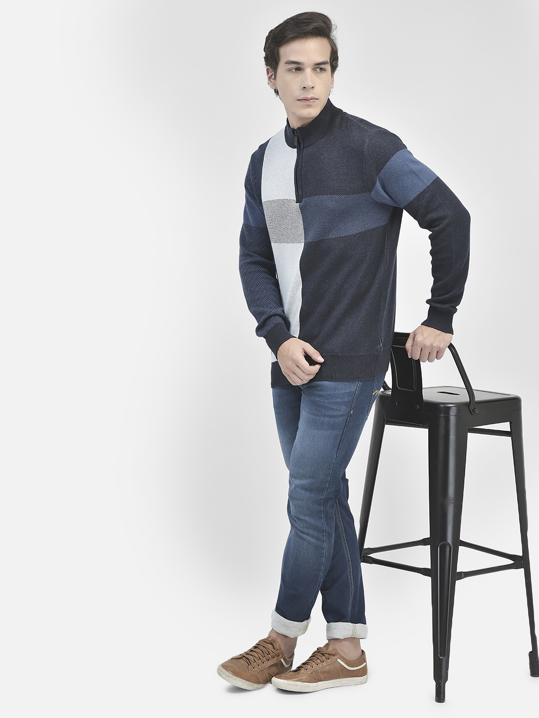 

Crimsoune Club Colourblocked Mock Collar Pure Cotton Sweater, Navy blue