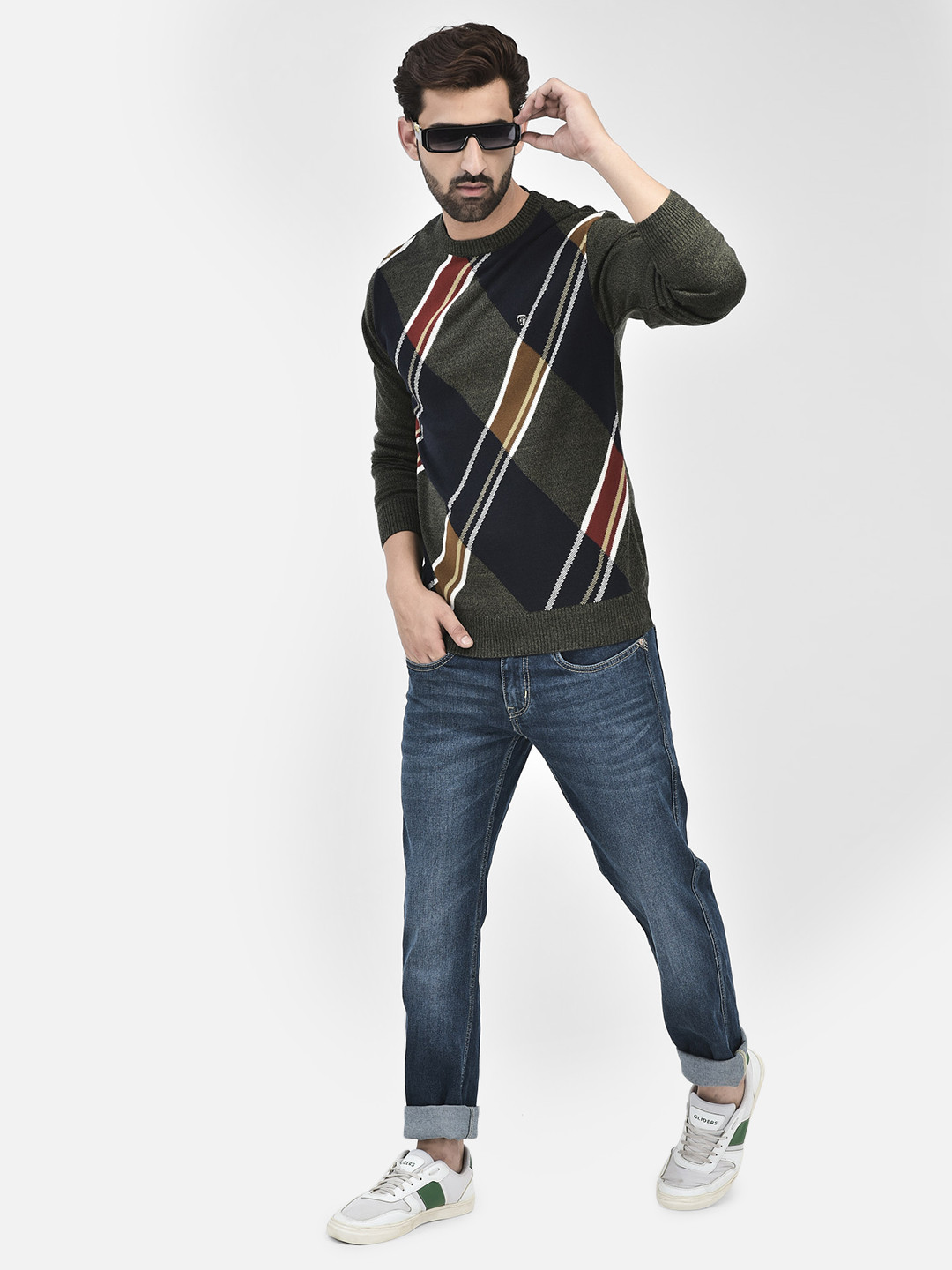 

Crimsoune Club Striped Acrylic Pullover, Olive