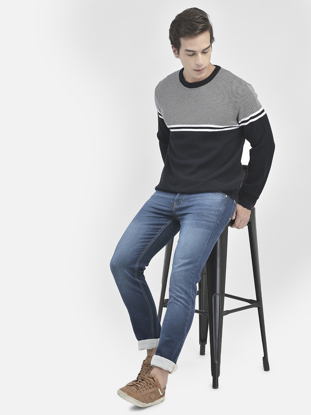 

Crimsoune Club Striped Pure Cotton Pullover, Navy blue